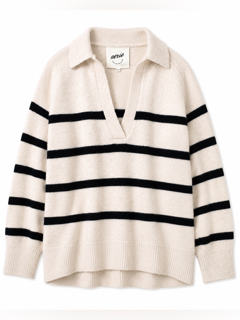 Aerie unREAL Polo Sweater XS Cream Black Stripe Oversized Coastal Preppy Knit